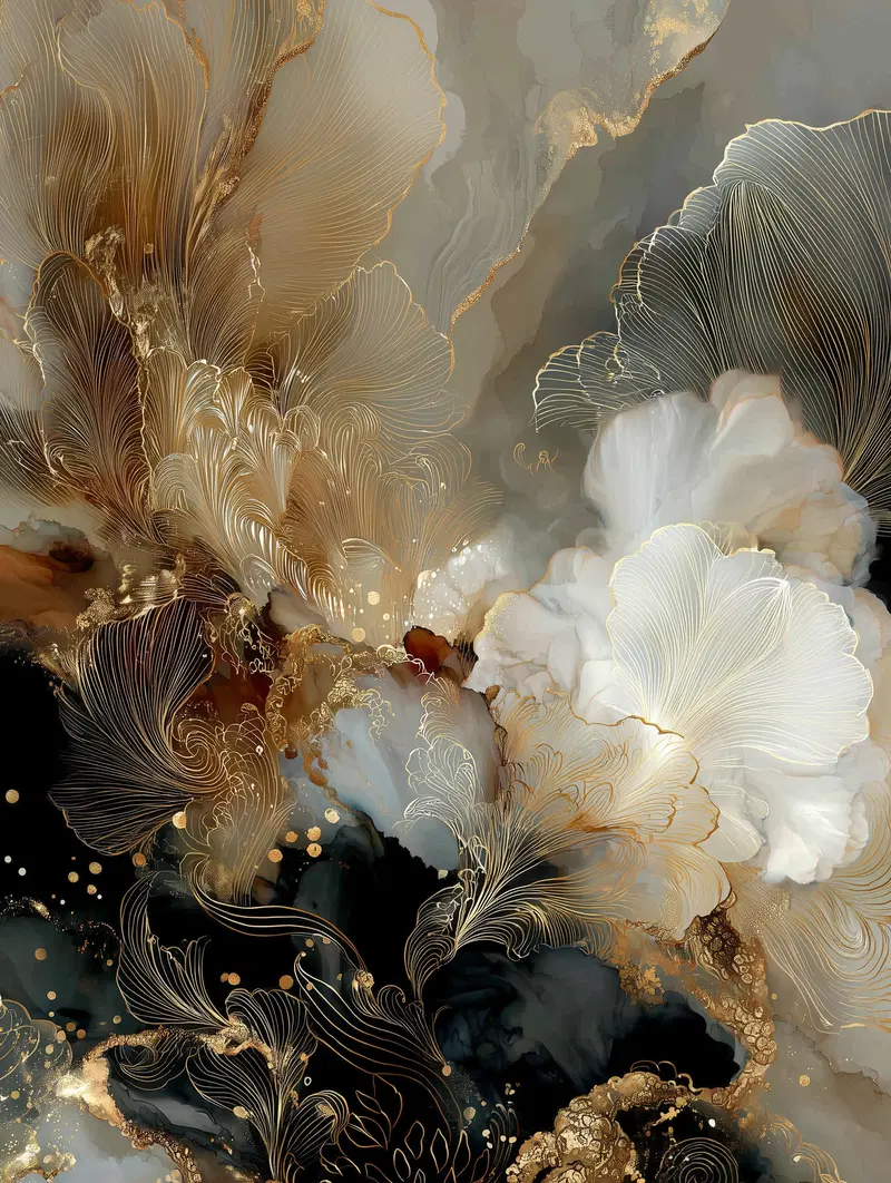 Abstract fine art print with gold and white floral patterns on dark background