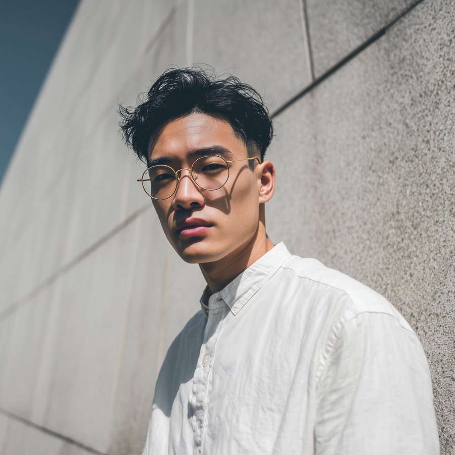A close-up portrait of a young man with short black hair, wearing round eyeglasses and a white button-up shirt, standing against a textured stone wall under bright sunlight.