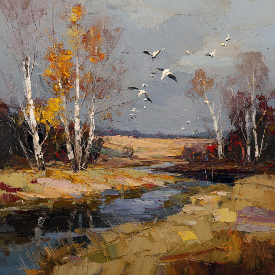 An impressionistic oil painting of a serene autumn landscape featuring a creek, leafless trees with yellow foliage, and birds flying in a gray sky