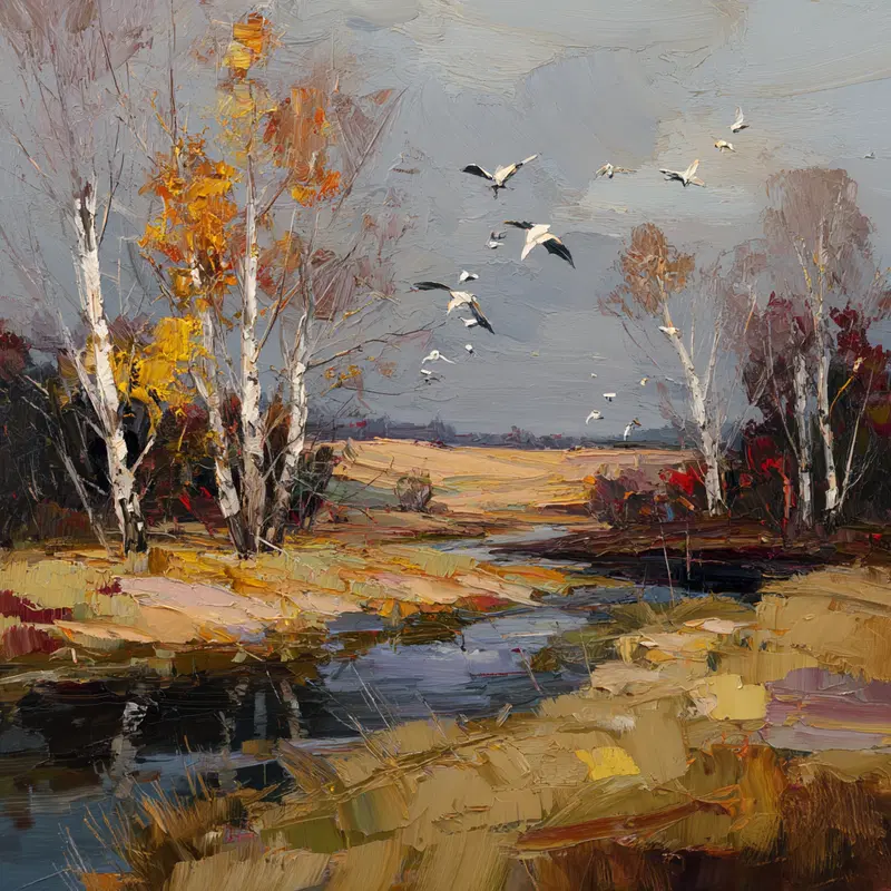 Impressionistic Autumn Landscape Painting with Birds Over Creek