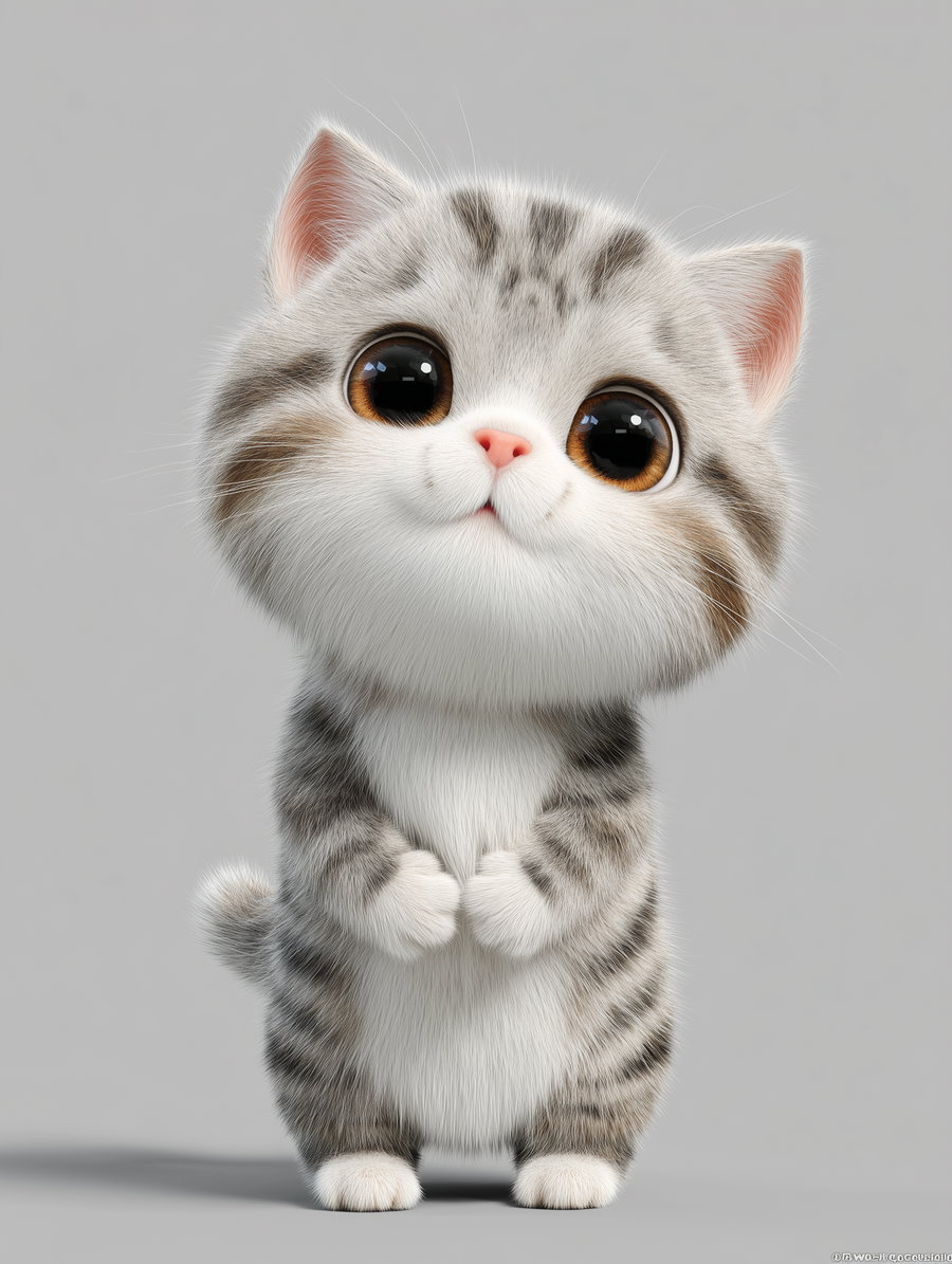 Cute gray and white tabby kitten standing on hind legs against a plain gray background