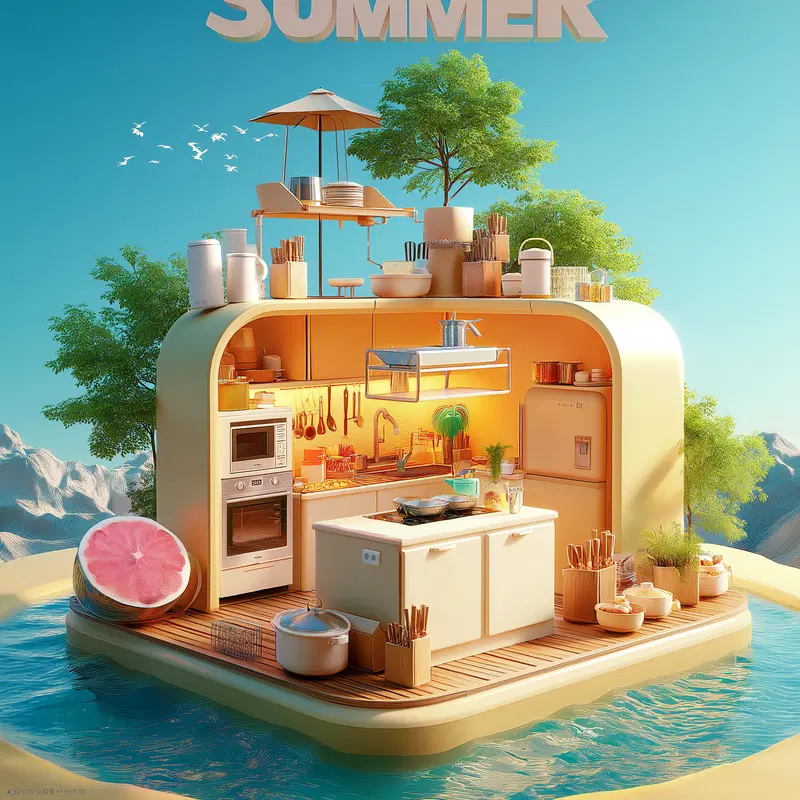 Surreal 3D illustration of a mini kitchen inside a float with summer vibes