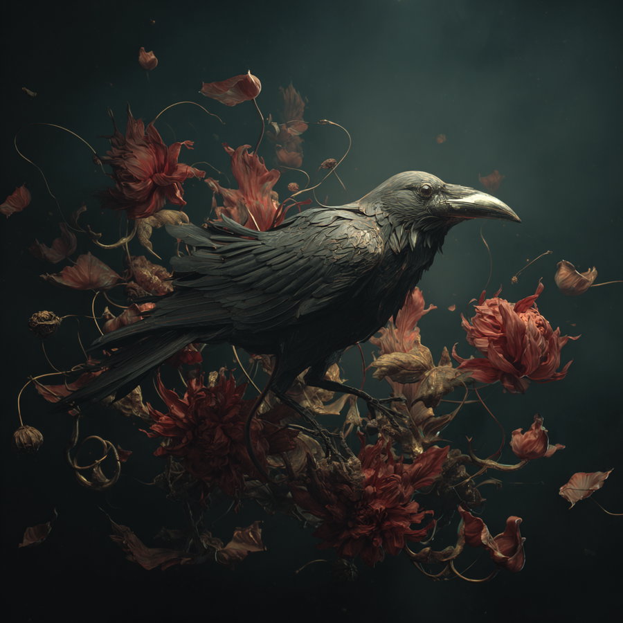 A dark-toned artistic image of a detailed raven perched among intricate red flowers with delicate petals and stems against a muted background
