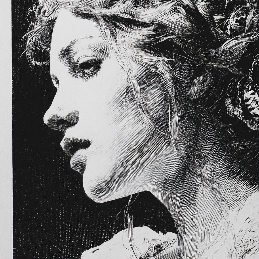 Close-up black and white ink drawing of a woman's face in profile with intricate shading and textured hair
