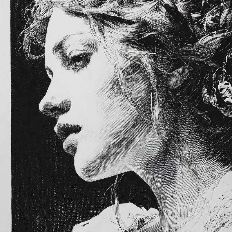 Detailed black and white portrait drawing of a woman in profile