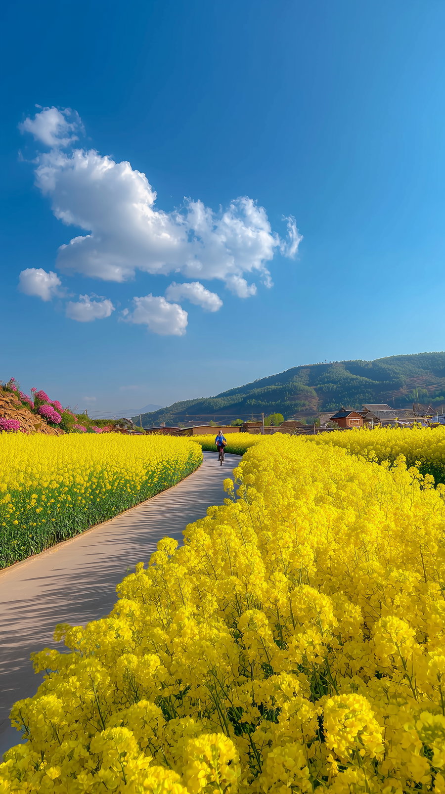 A winding path through fields of bright yellow flowers with a person cycling in the distance, a mountainous background, and a blue sky with scattered white clouds