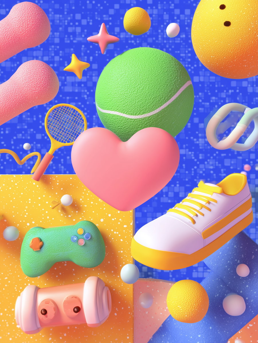 3D rendered image featuring a pink heart, green tennis ball, yellow and white sneaker, green game controller, pink dumbbell, yellow tennis racket, and various other colorful abstract shapes on a vibrant blue and yellow background