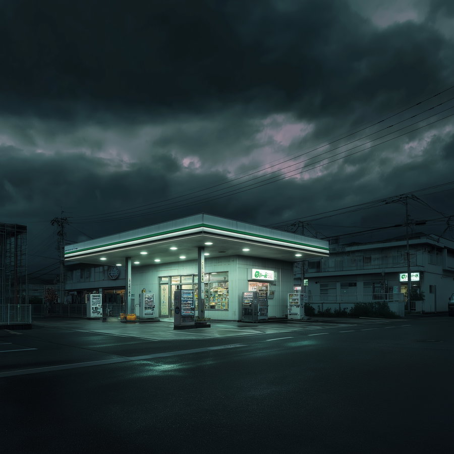 A dimly lit gas station at night with glowing white lights, surrounded by dark buildings and ominous cloudy sky overhead