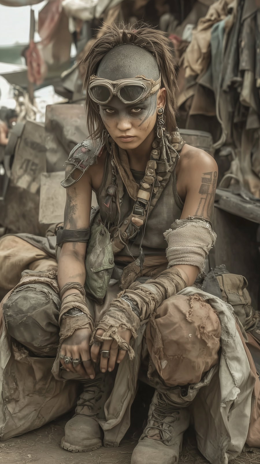 A person with short hair and tribal face paint wearing torn and patched clothing, gloves, and protective goggles, sitting in a dusty environment with a serious expression