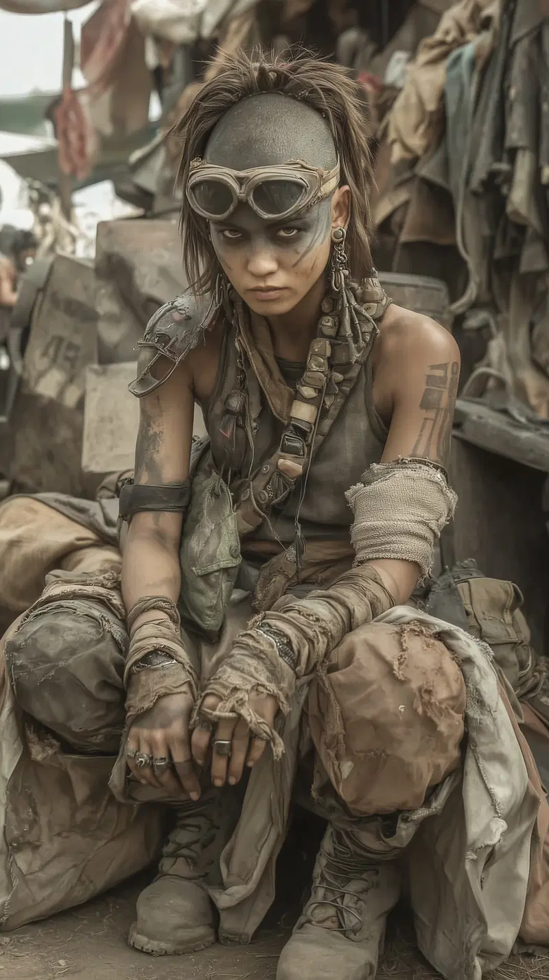 Grim post-apocalyptic figure dressed in rugged distressed clothing and goggles