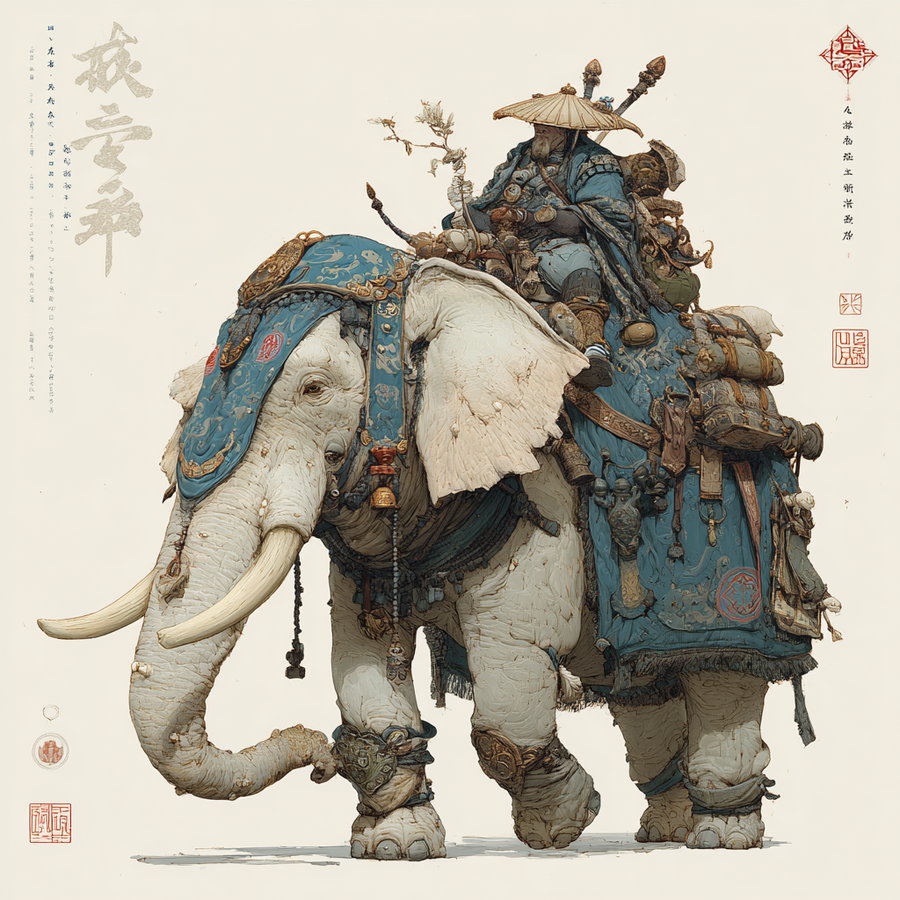 An intricately detailed white elephant wearing an ornate blue cloth covering, with a rider dressed in traditional attire holding a staff and various items strapped to the elephant's back, set against a light background with calligraphy and red stamps
