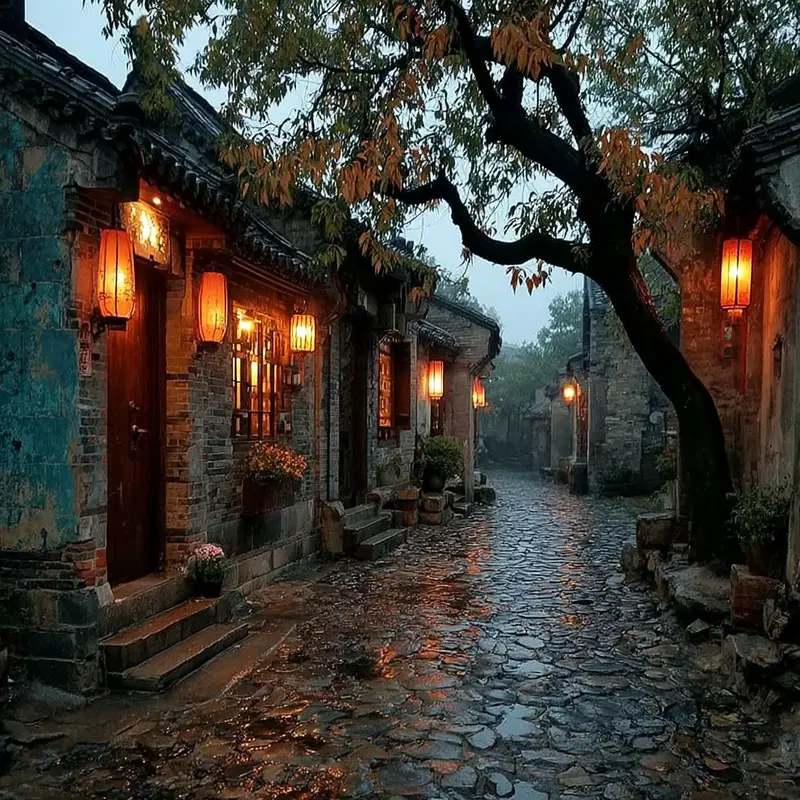 Moody cobblestone street in an old village with warm lantern lights