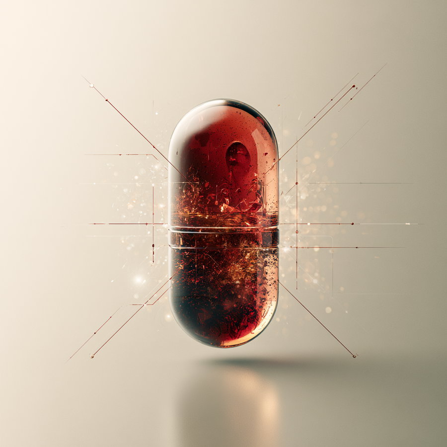 A glowing red translucent capsule floating against a beige background with radiant particle and line effects around it