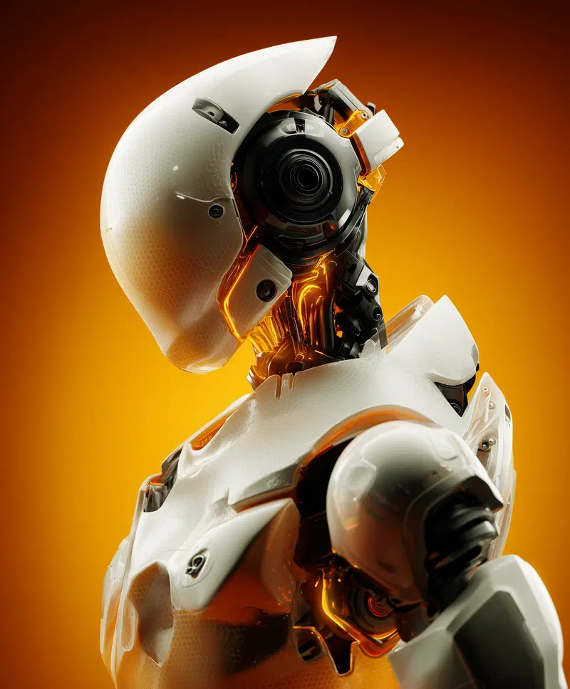High-tech futuristic robot portrait with detailed mechanical design and warm orange background