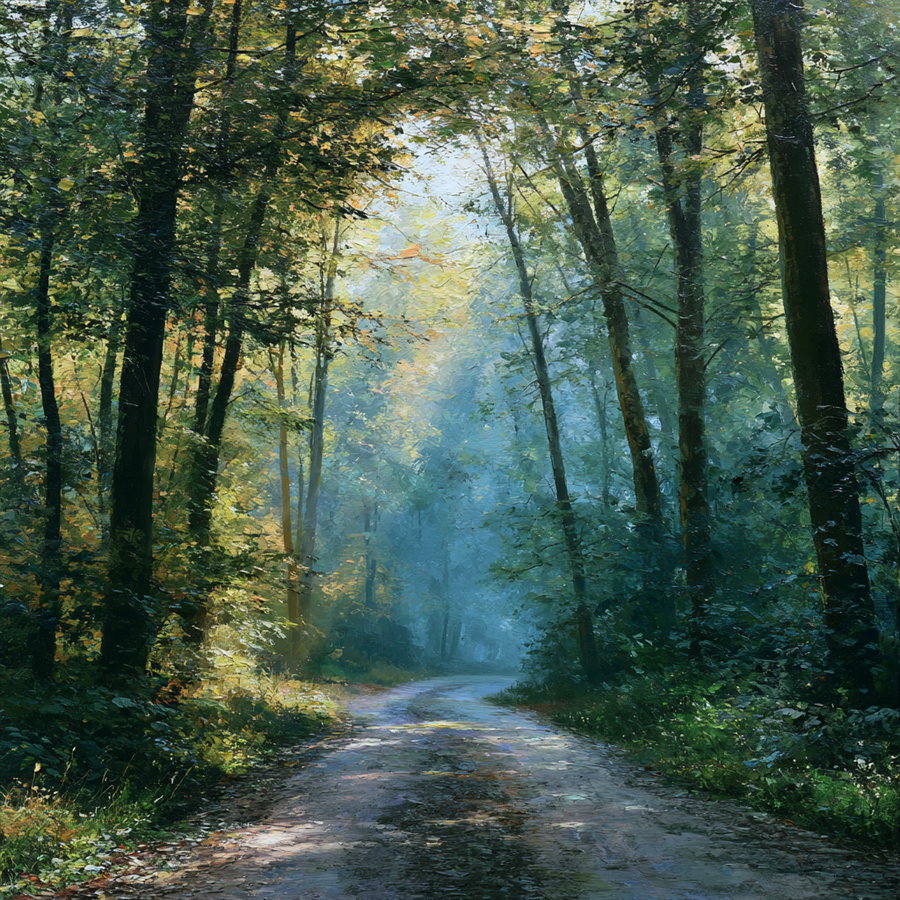 A forest scene with a dirt path winding through tall trees bathed in soft sunlight and shadows