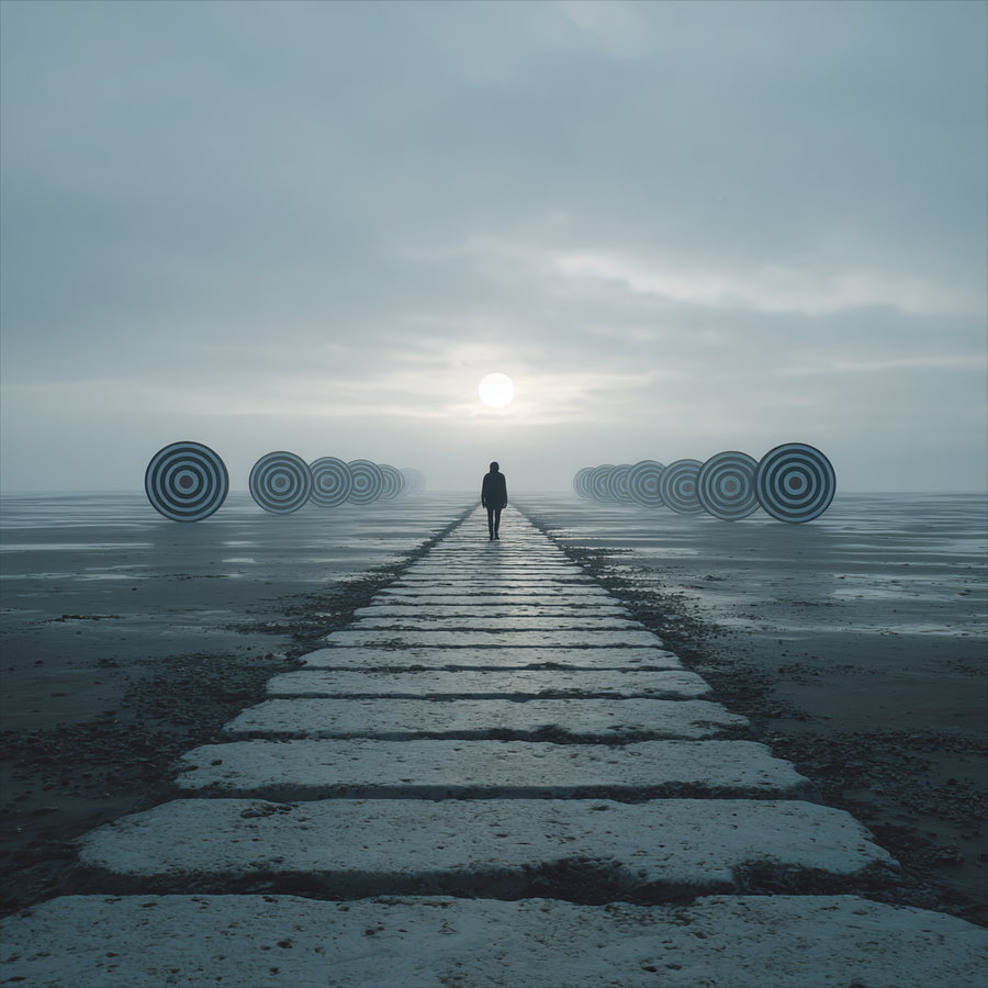 A lone person walking on a stone path over a foggy landscape with large black and white target circles floating on both sides under a cloudy sky with the sun visible
