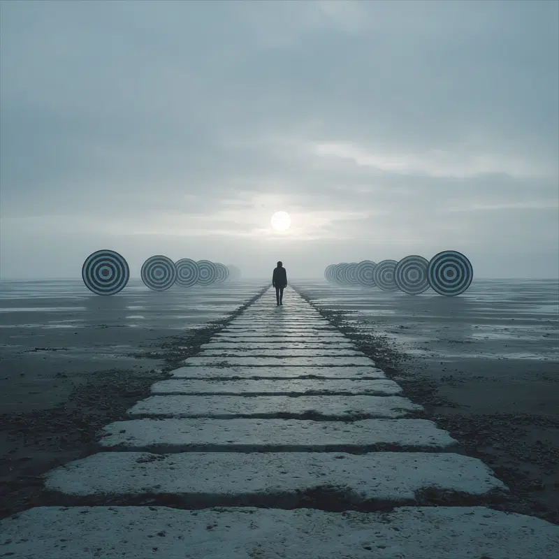 Surreal moody wall art featuring a lone figure on a path with target circles under a cloudy sky