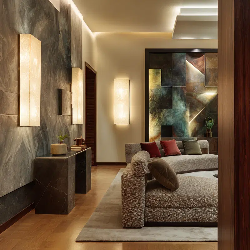 Elegant living room featuring moody wall art and warm ambient lighting