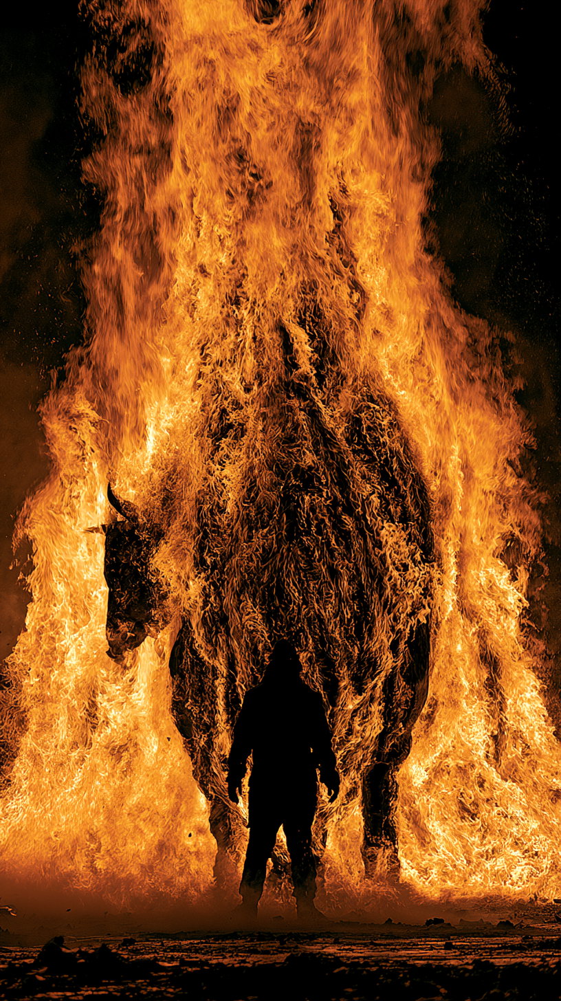 Silhouetted person facing a large bull figure covered entirely in intense orange flames against a dark background