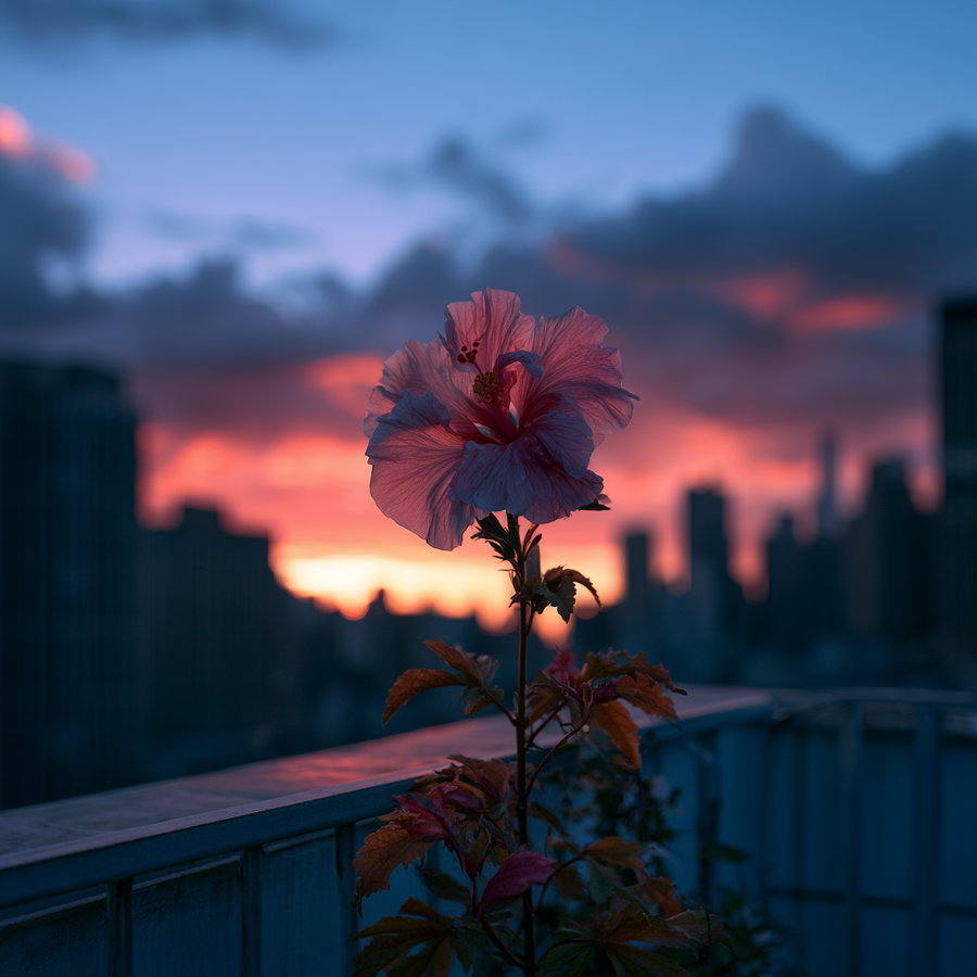 A single pink flower in focus on a balcony railing with blurred city skyline and colorful sunset sky in the background