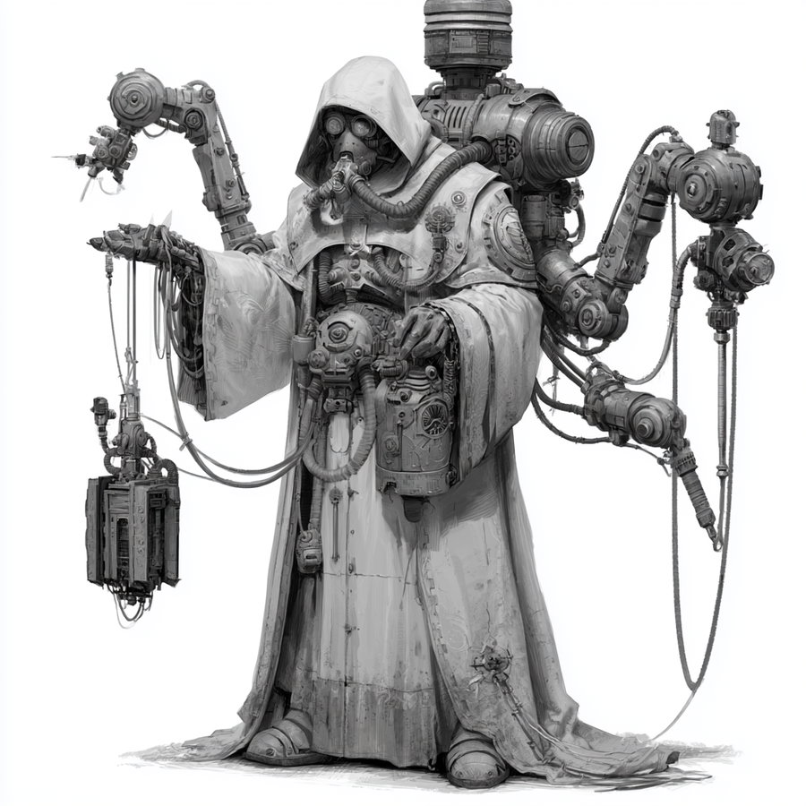 A black and white digital artwork depicting a hooded figure wearing a gas mask, dressed in a long robe, equipped with multiple detailed mechanical arms and machinery attached to their back.