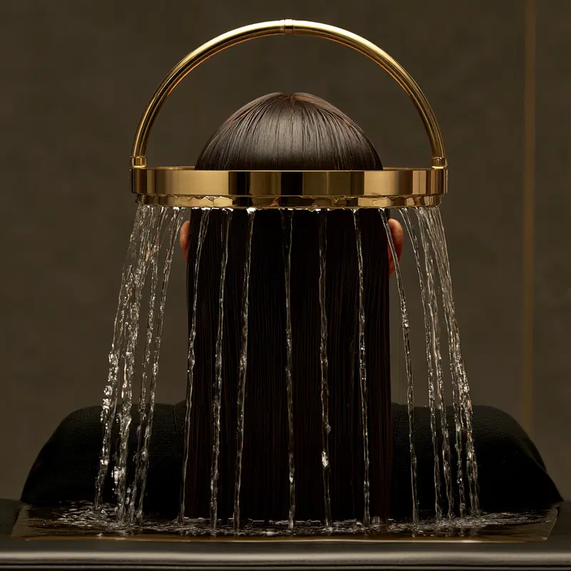 Artistic photograph of a person under a gold shower head with water streams