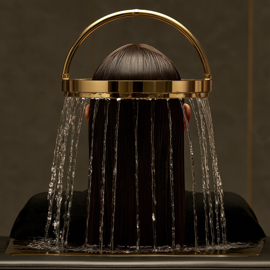 Back view of a person with straight dark hair under a golden shower head with multiple streams of water flowing down