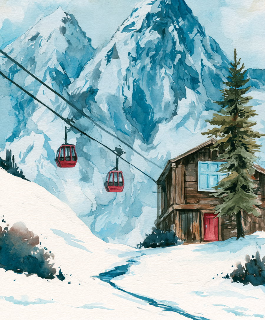 Watercolor painting depicting a snowy mountain landscape with tall peaks, two red cable cars on cables, a wooden cabin with a red door, blue window, and a large pine tree nearby