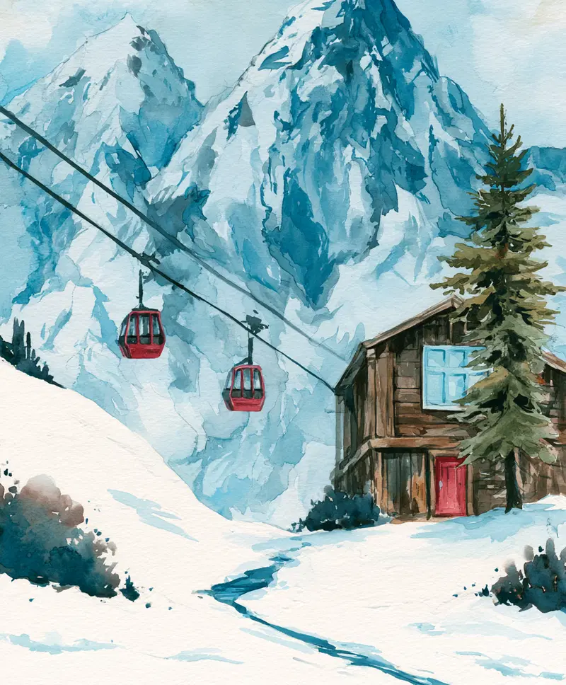 Serene watercolor painting of a snowy mountain scene with cable cars and cabin