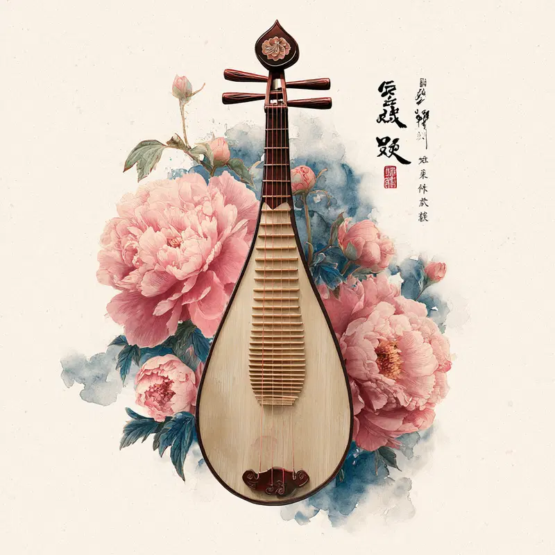 Traditional Chinese musical instrument with pink floral watercolor background