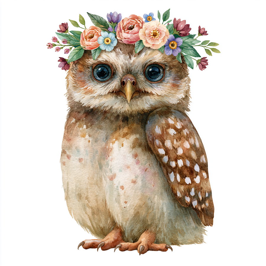 A detailed watercolor painting of a small owl with large blue eyes, brown and white feathers, and a colorful flower crown on its head against a white background