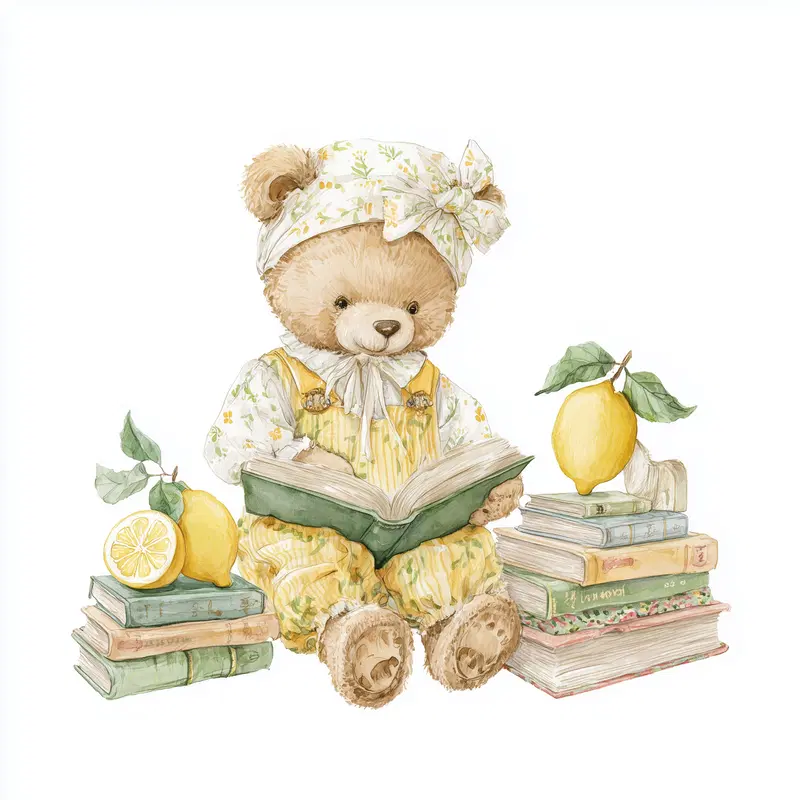 Watercolor illustration of a bear doll reading a book surrounded by lemons and books
