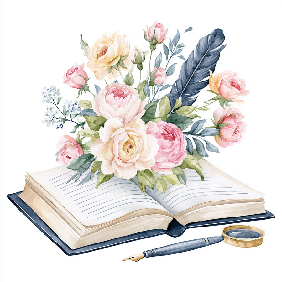 Watercolor painting of an open book with lined pages, blossoming pink and yellow roses, green leaves, a black quill feather, a fountain pen, and a small magnifying glass on a white background