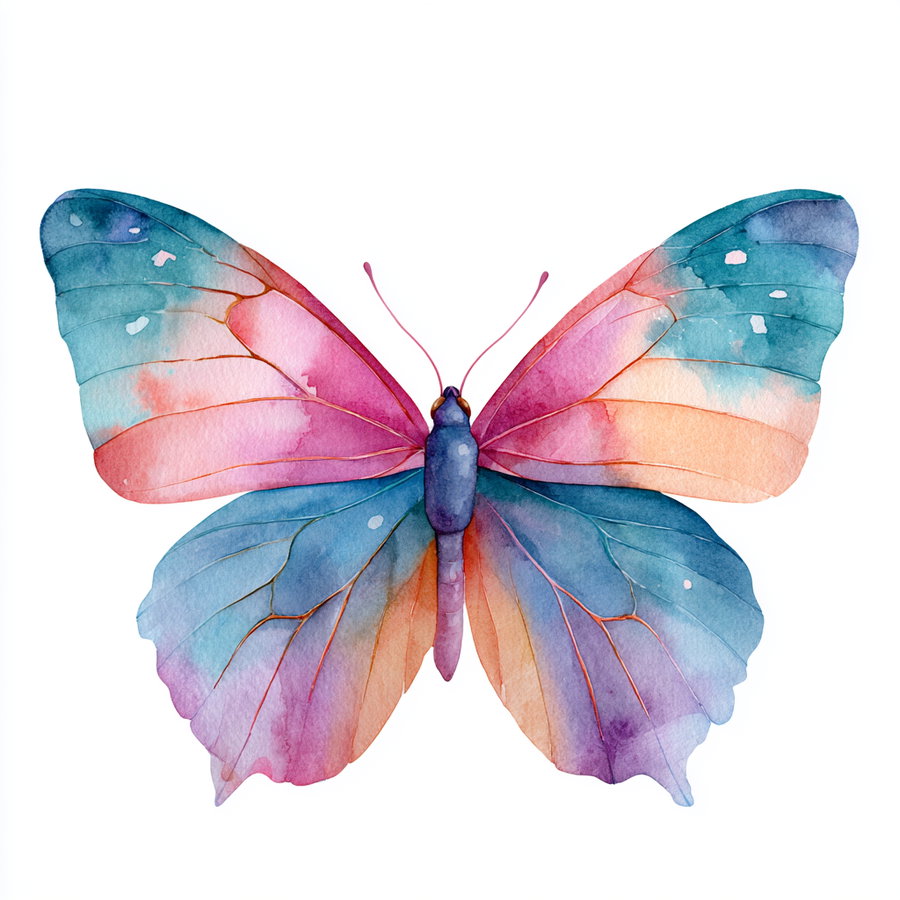 Watercolor illustration of a butterfly with wings in shades of blue, pink, purple, and orange on a white background