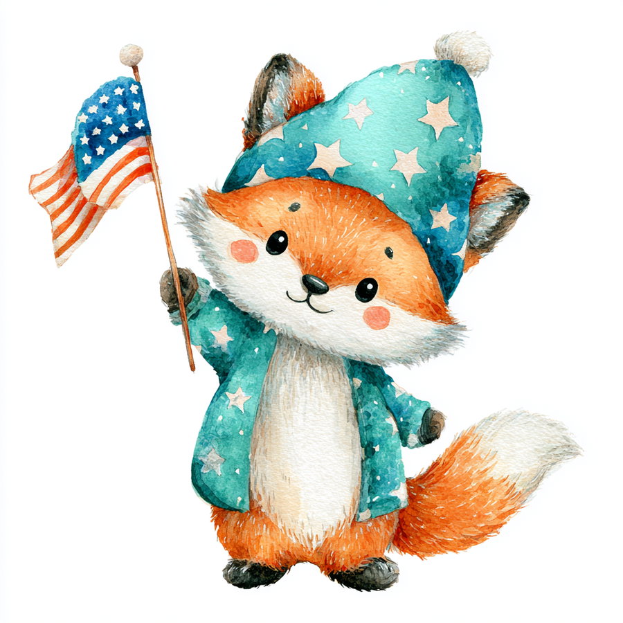 Watercolor painting of an adorable fox wearing a blue hat and coat with stars, holding an American flag on a pole