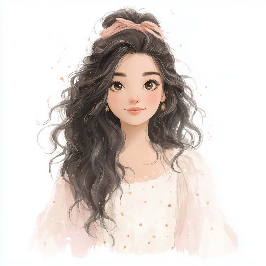 Digital watercolor-style portrait of a young woman with long wavy dark hair, brown eyes, wearing a light top and a headband, with a warm and soft color palette on a white background