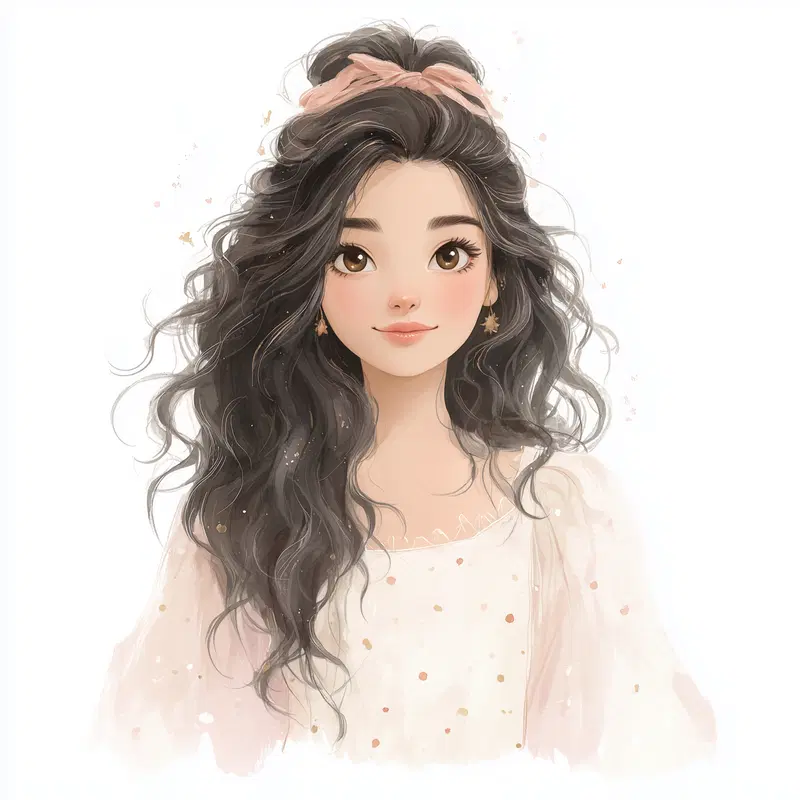 Watercolor Portrait of a Young Woman with Wavy Hair and Soft Expression