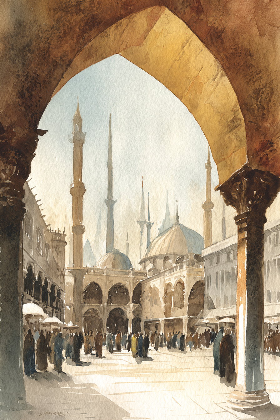 Watercolor painting showing a historic courtyard framed by an arch with domed buildings and tall minarets in the background, and a crowd of people in the foreground