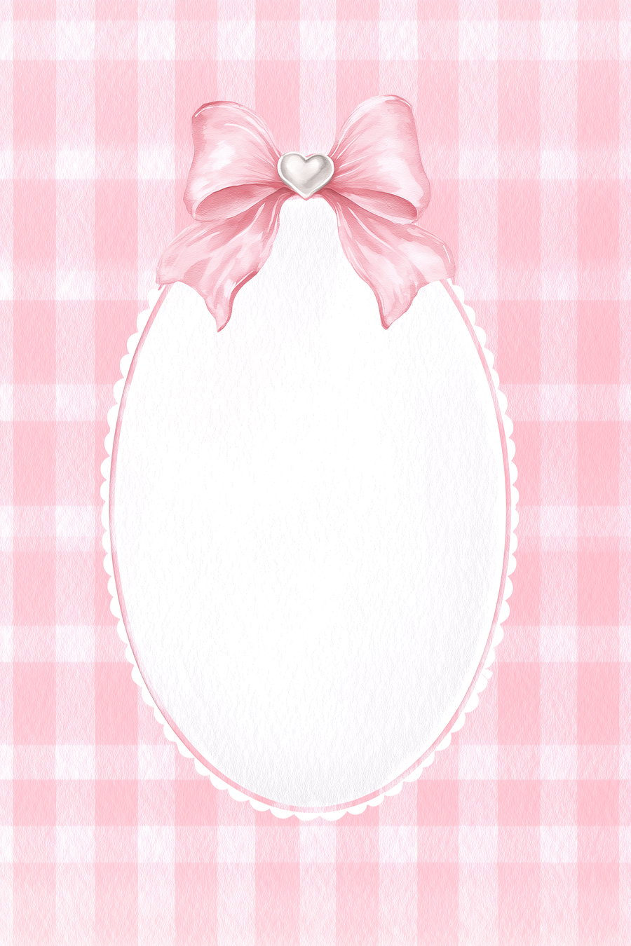 Pink and white gingham patterned background with a white oval frame bordered by scalloped edges and topped with a pink ribbon bow with a small silver heart at the center
