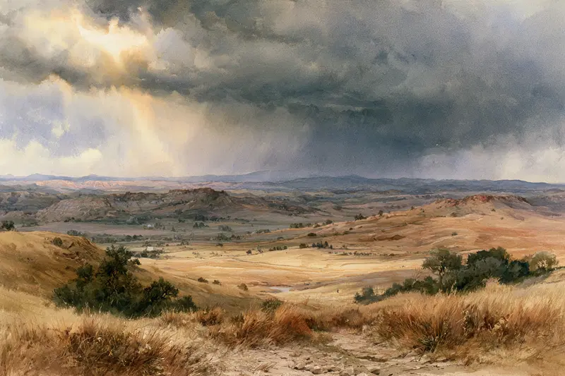 Dramatic Landscape Painting of a Vast Valley Under Stormy Skies