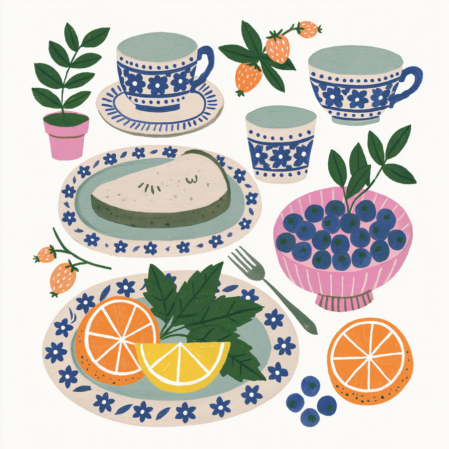 Illustration featuring tea cups with floral patterns, plates with citrus slices and kiwi fruit, a bowl of blueberries, green leafy plants, and small orange berries on a white background