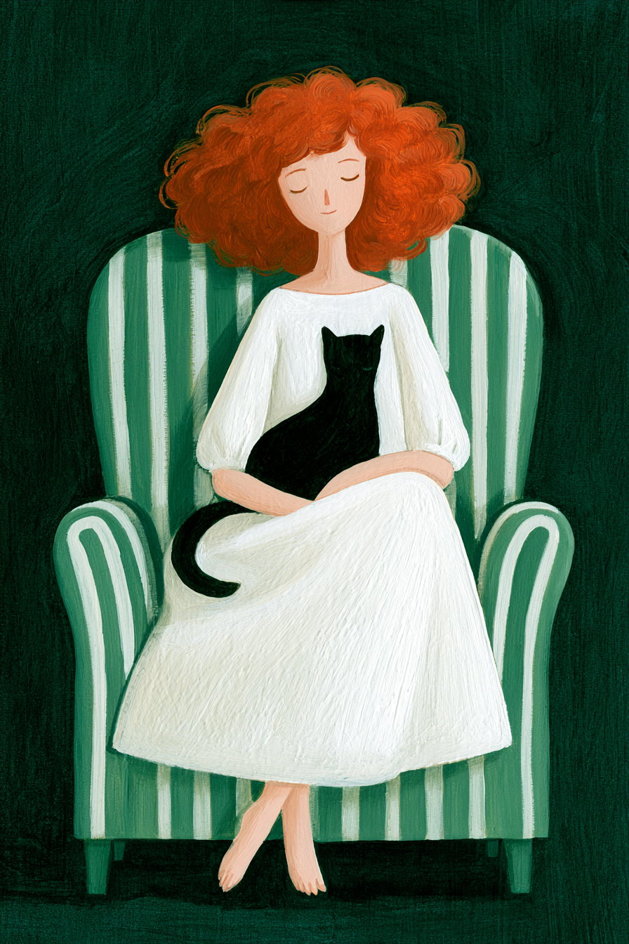 Painting of a woman with curly red hair in a white dress sitting barefoot on a green and white striped armchair, holding a black cat on her lap with a dark green background