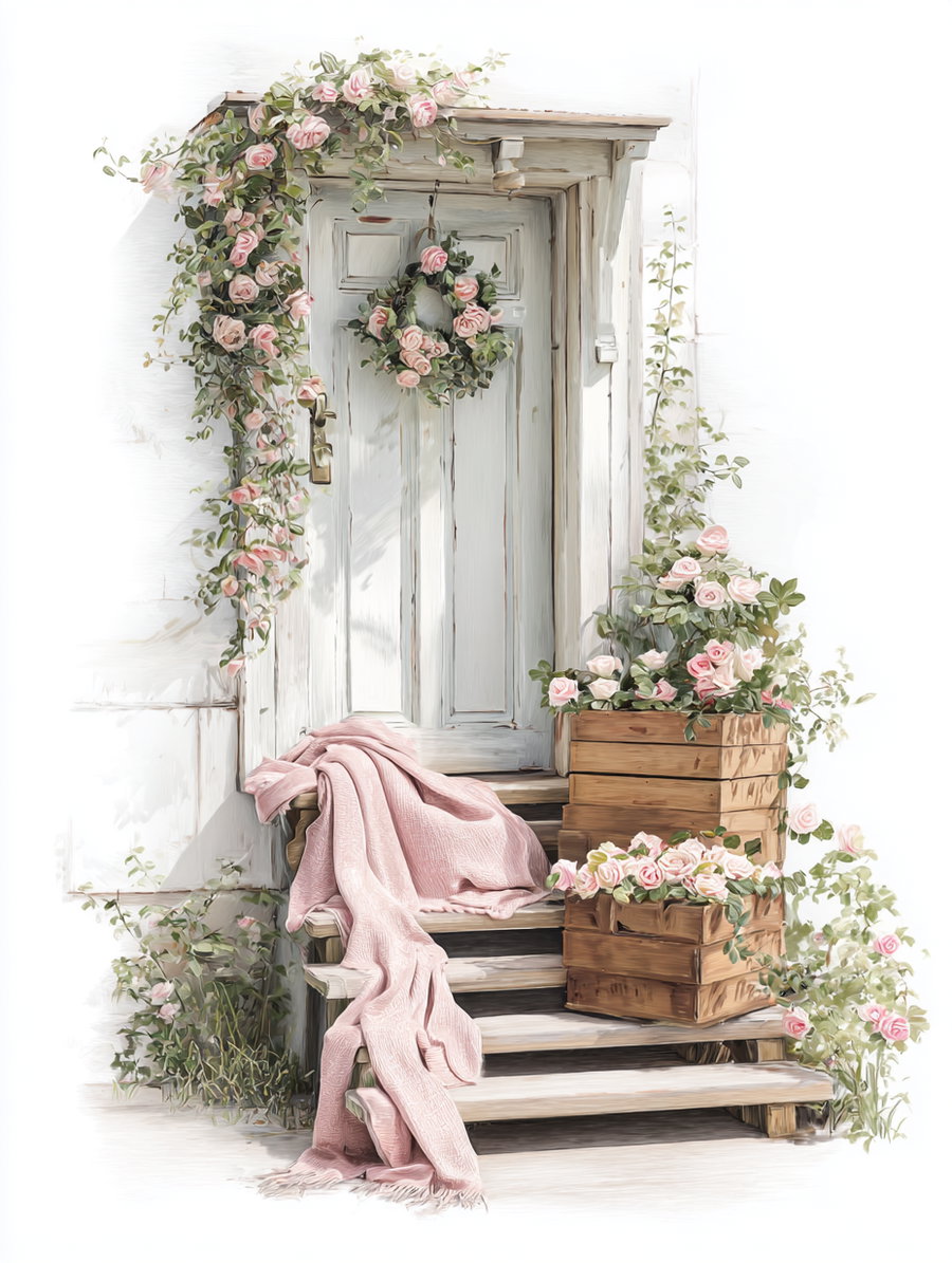 A white rustic door with a flower wreath, surrounded by pink roses cascading down wooden crates, and a soft pink blanket draped on wooden steps.