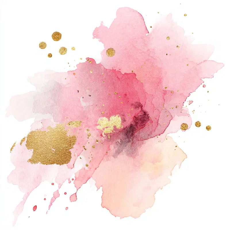 Abstract watercolor art with pink and gold splashes on white background