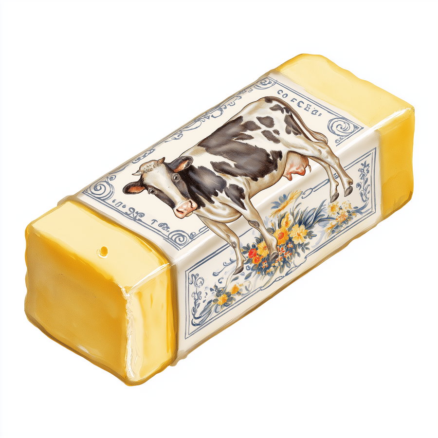 Illustration of a butter package wrapped in yellow paper featuring a detailed, vintage-style image of a black and white cow standing over floral decorations