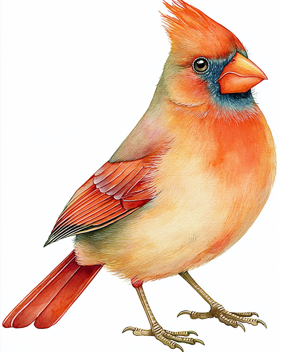 Close-up watercolor painting of a female cardinal bird with orange and beige feathers, sharp beak, and detailed legs on a white background