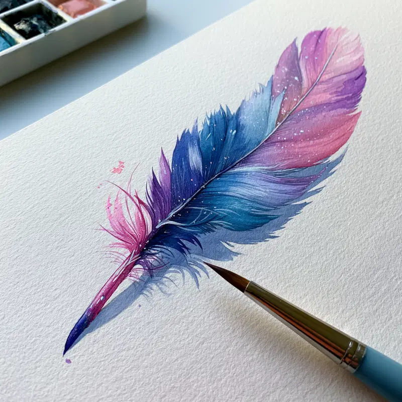 Watercolor painting of a vibrant feather with blue and pink hues