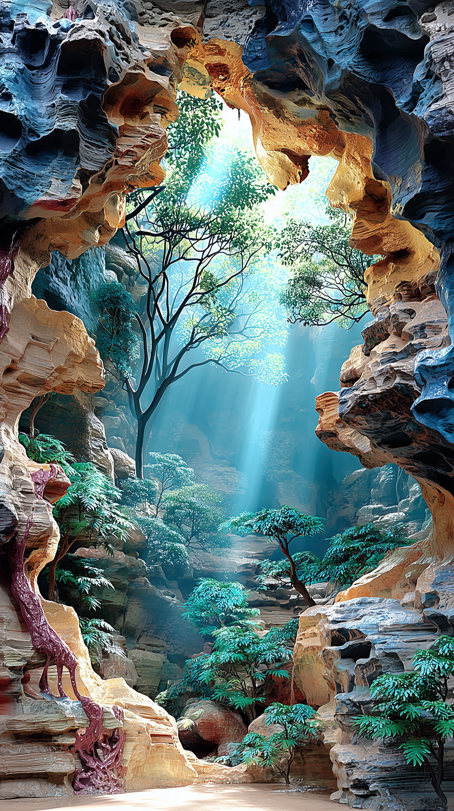 A bright natural cave opening with sunlight streaming through, showcasing numerous green leafy trees and rocky formations.