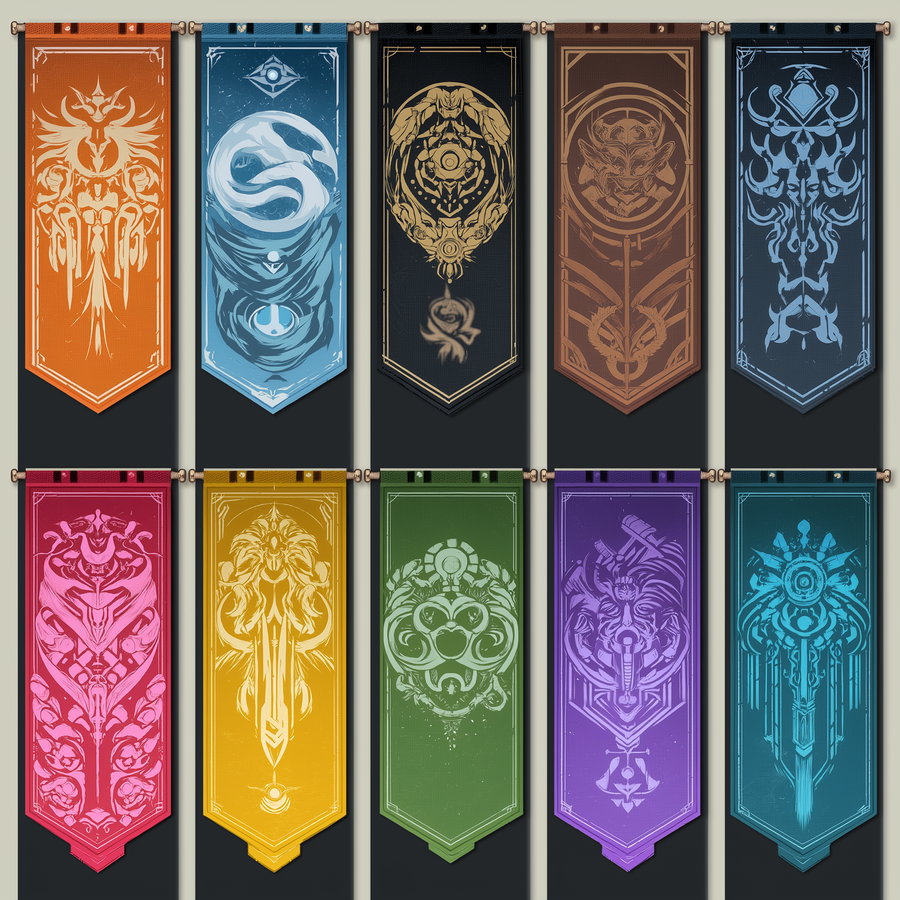 Ten vertical banners in two rows displaying stylized abstract and mythical symbols with intricate patterns, each banner in a different color on a dark background