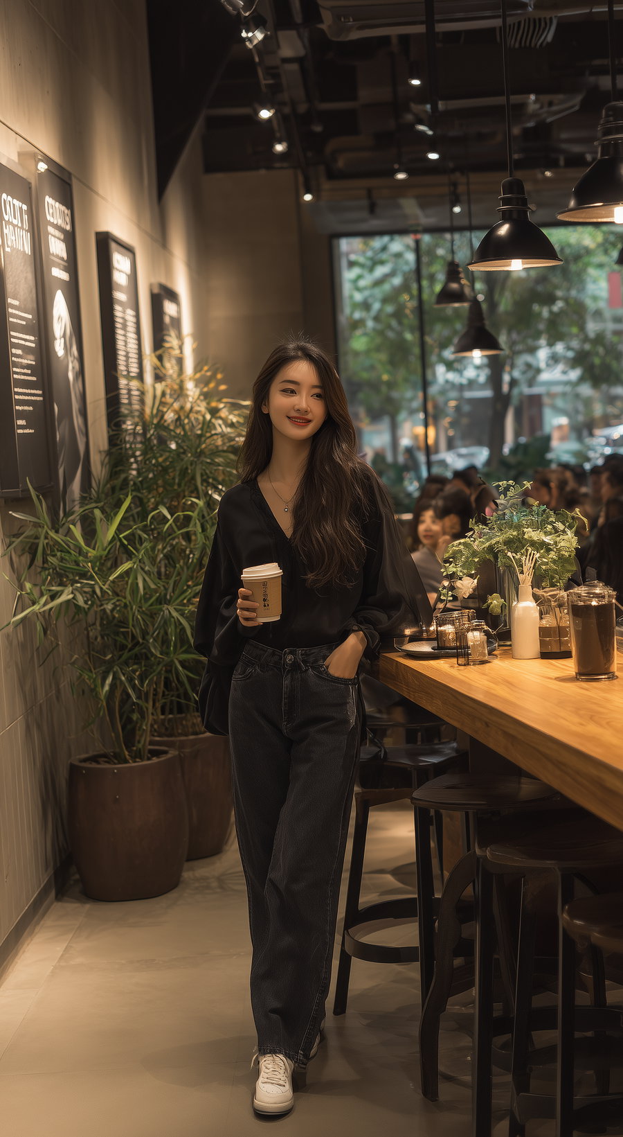 A young woman with long dark hair, wearing a black blouse and dark jeans, holding a coffee cup and standing beside a wooden bar in a warmly lit modern cafe with large windows and plants.